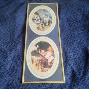Cats Dogs Children Framed Under Glass Print - 18x9- Gold Frame New